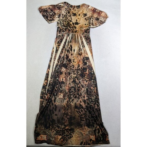 SAM & MAX - WOMEN'S BROWN PRINT SHORT SLEEVE STRETCH KNIT MAXI DRESS - SIZE S - Picture 7 of 8